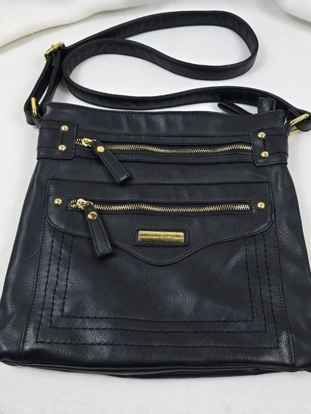Adrienne Vittadini Black Leather Crossbody Bag With Gold Accents Zippers